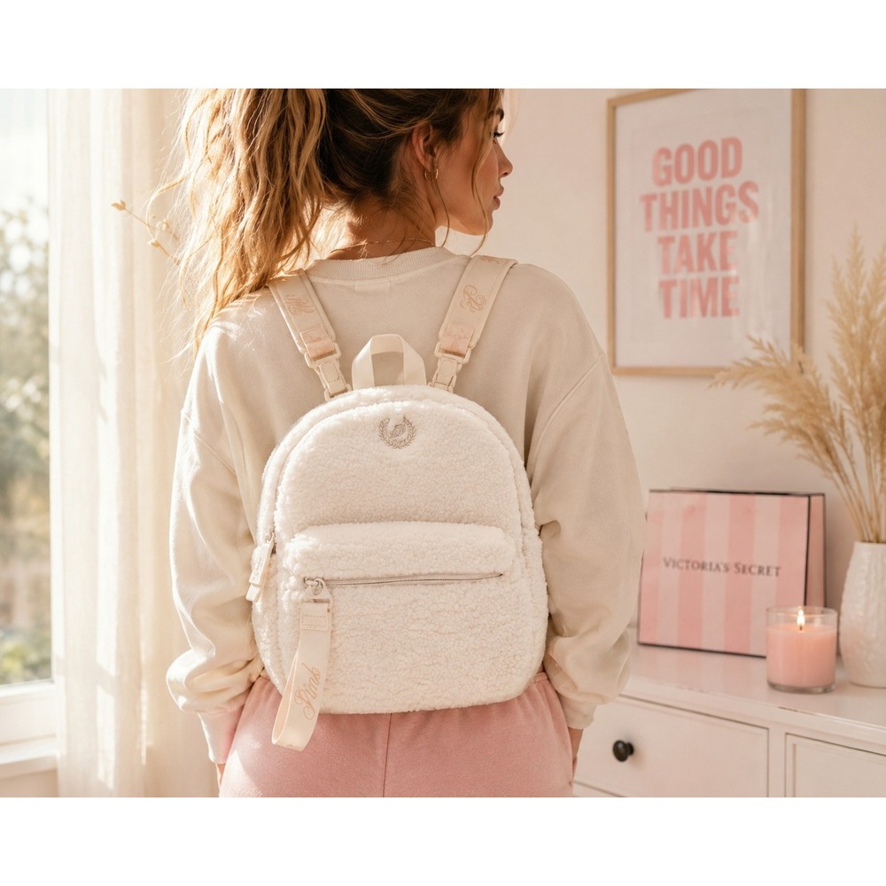 PINK by Victoria Secret White Sherpa Mini Backpack Charm Keychain NWT
